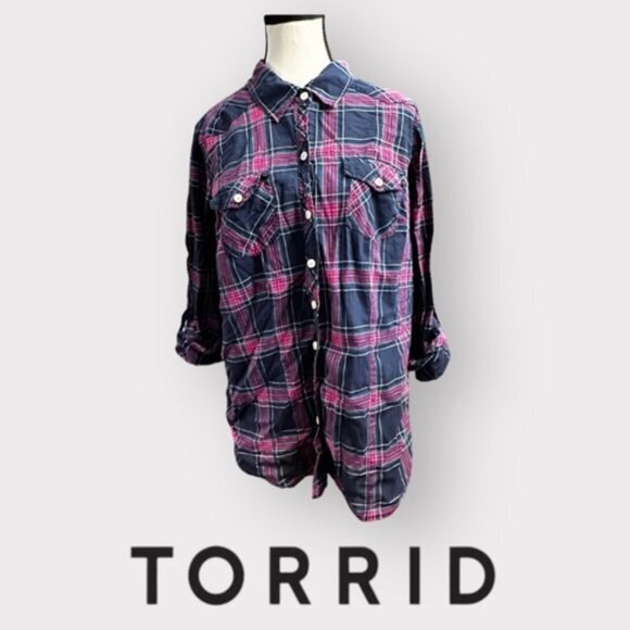 Women’s Torrid Red and Blue Plaid Camp Top 0 L Large 12 - Picture 1 of 9